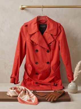 Coach Red Double-Breasted Trench with Belt   - Size 2
